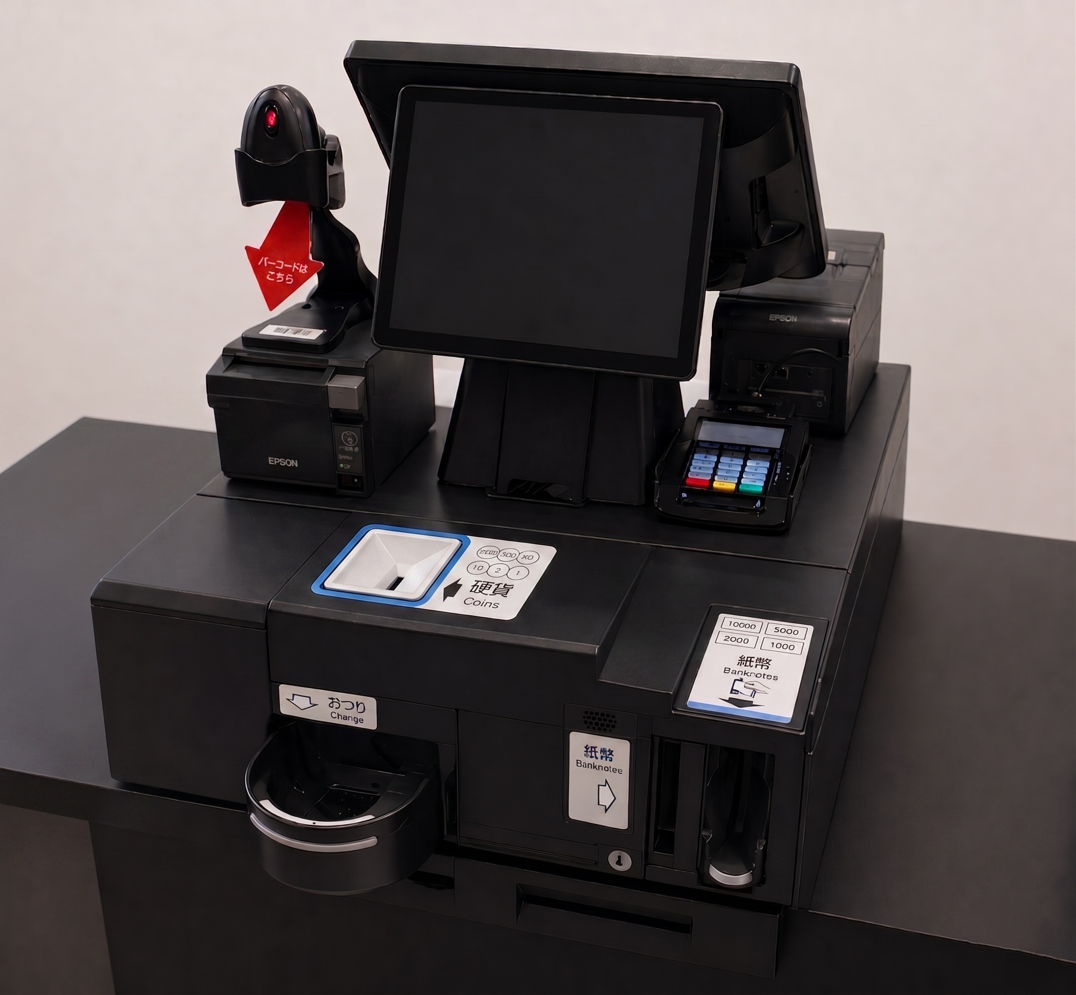 セルフレジ SPER-V12 の機器イメージ（バーコードスキャナ・タッチパネル・レシートプリンター・決済端末・自動釣銭機）